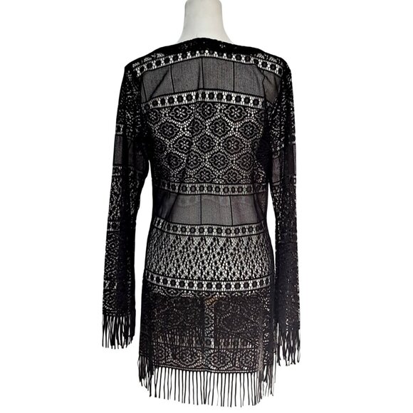 Vintage Black Lace Top Womens Size L Large Fringe Long Sleeve V Neck Cover Up A- - Picture 5 of 7